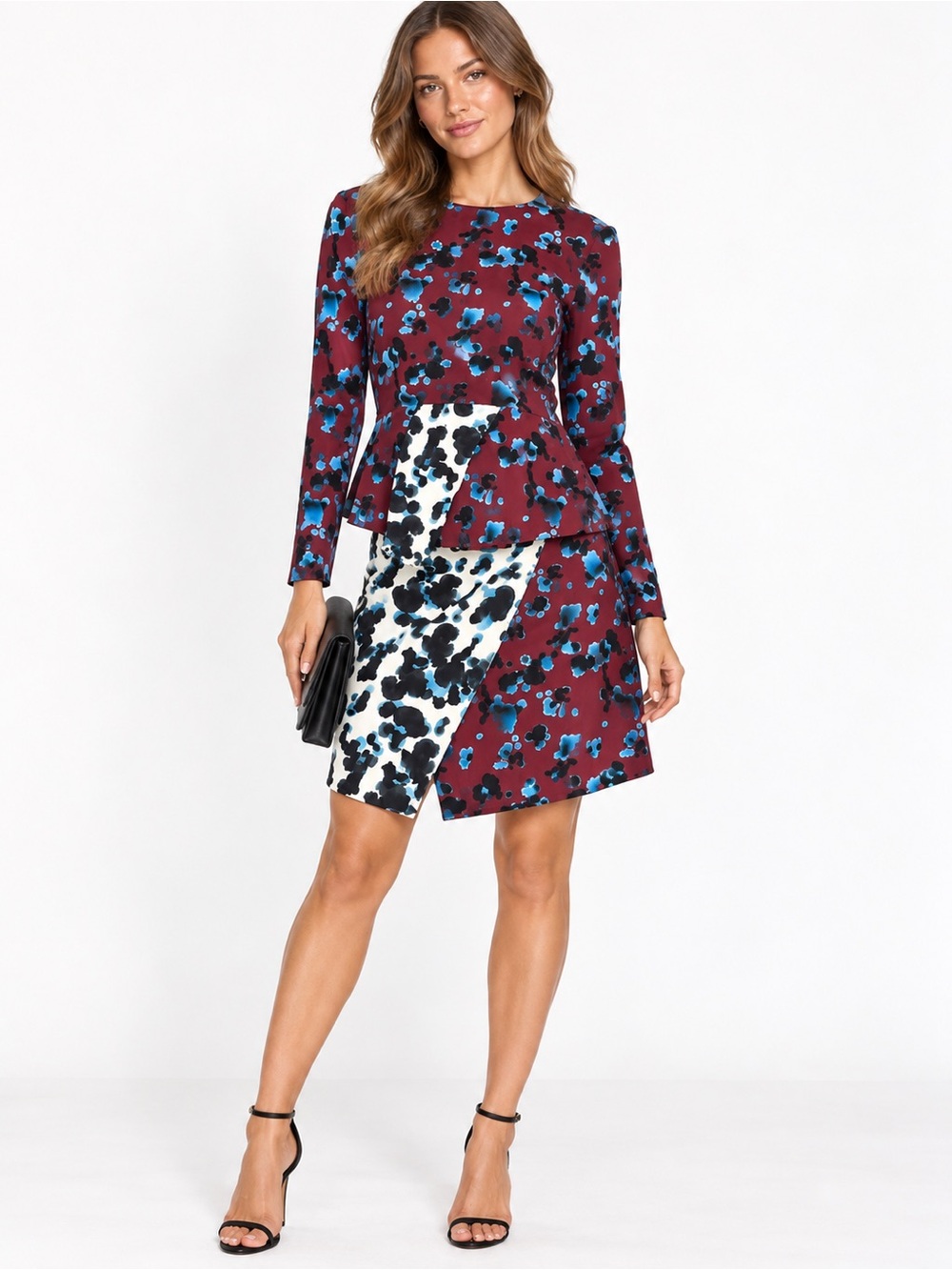 Tanya Taylor Mallory Ink Print Silk Blouse Skirt Set 4 Burgundy Blue Splatter